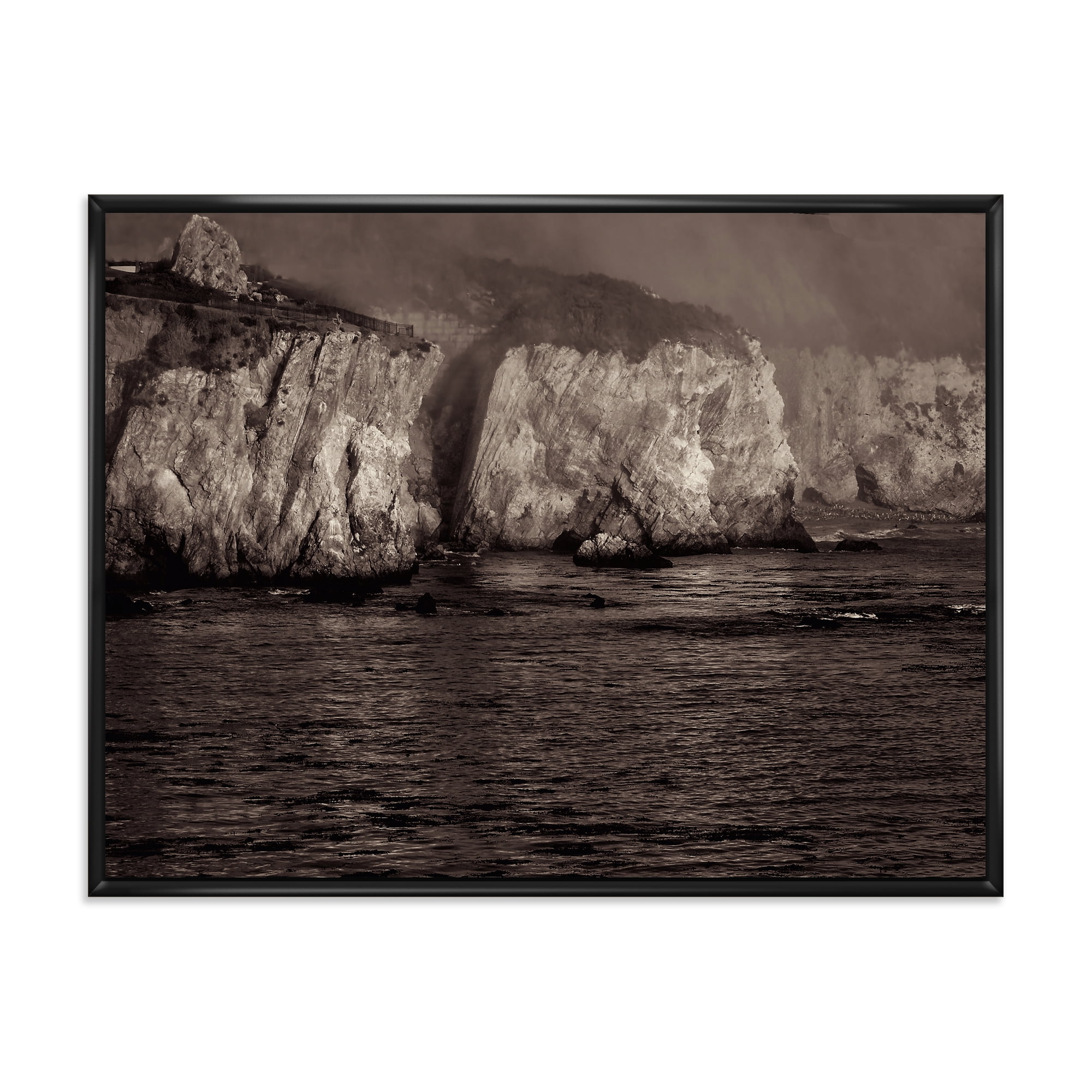 Designart 'Gold Cliffs Over Sea In The Fog' Modern Framed Canvas Wall Art Print