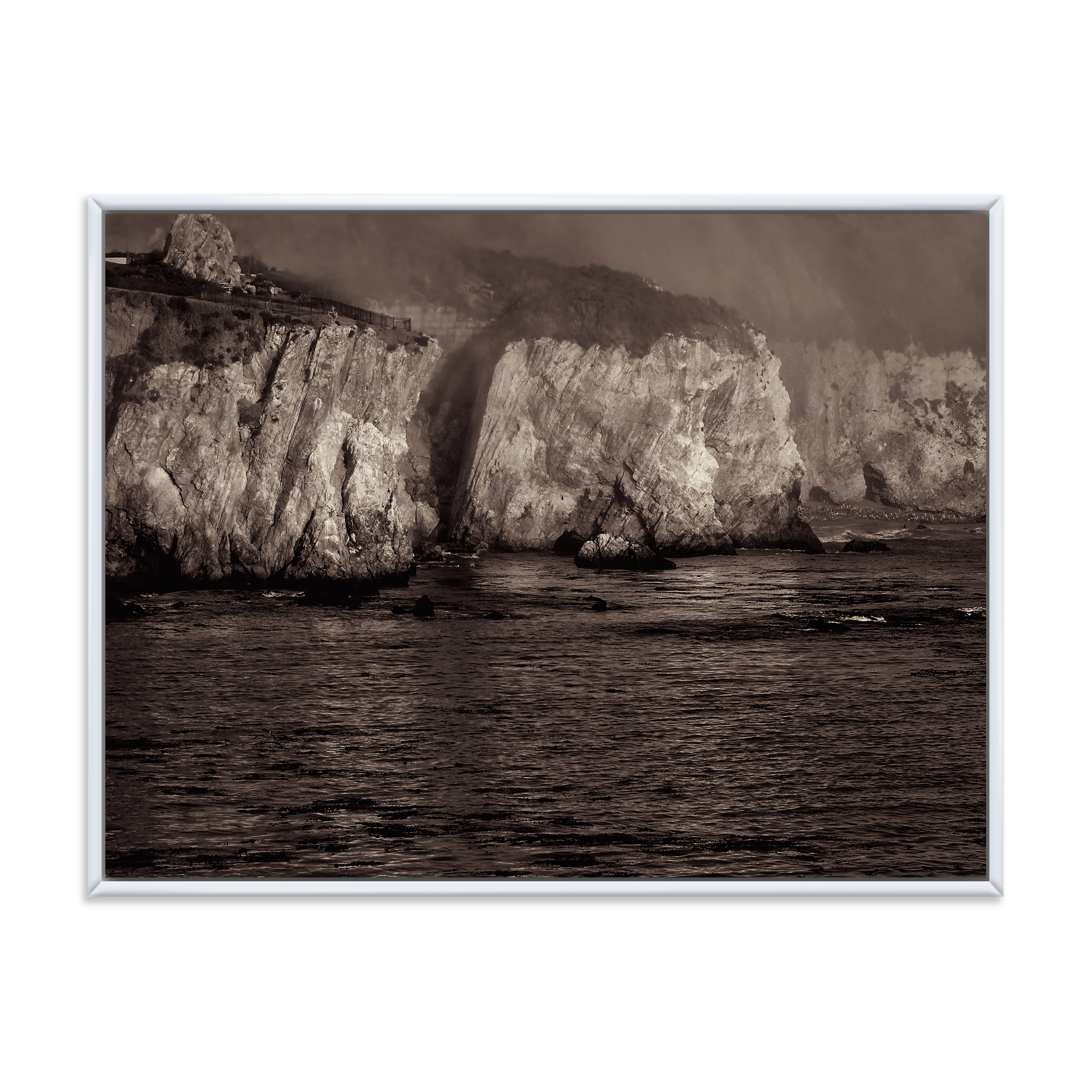 Designart 'Gold Cliffs Over Sea In The Fog' Modern Framed Canvas Wall Art Print
