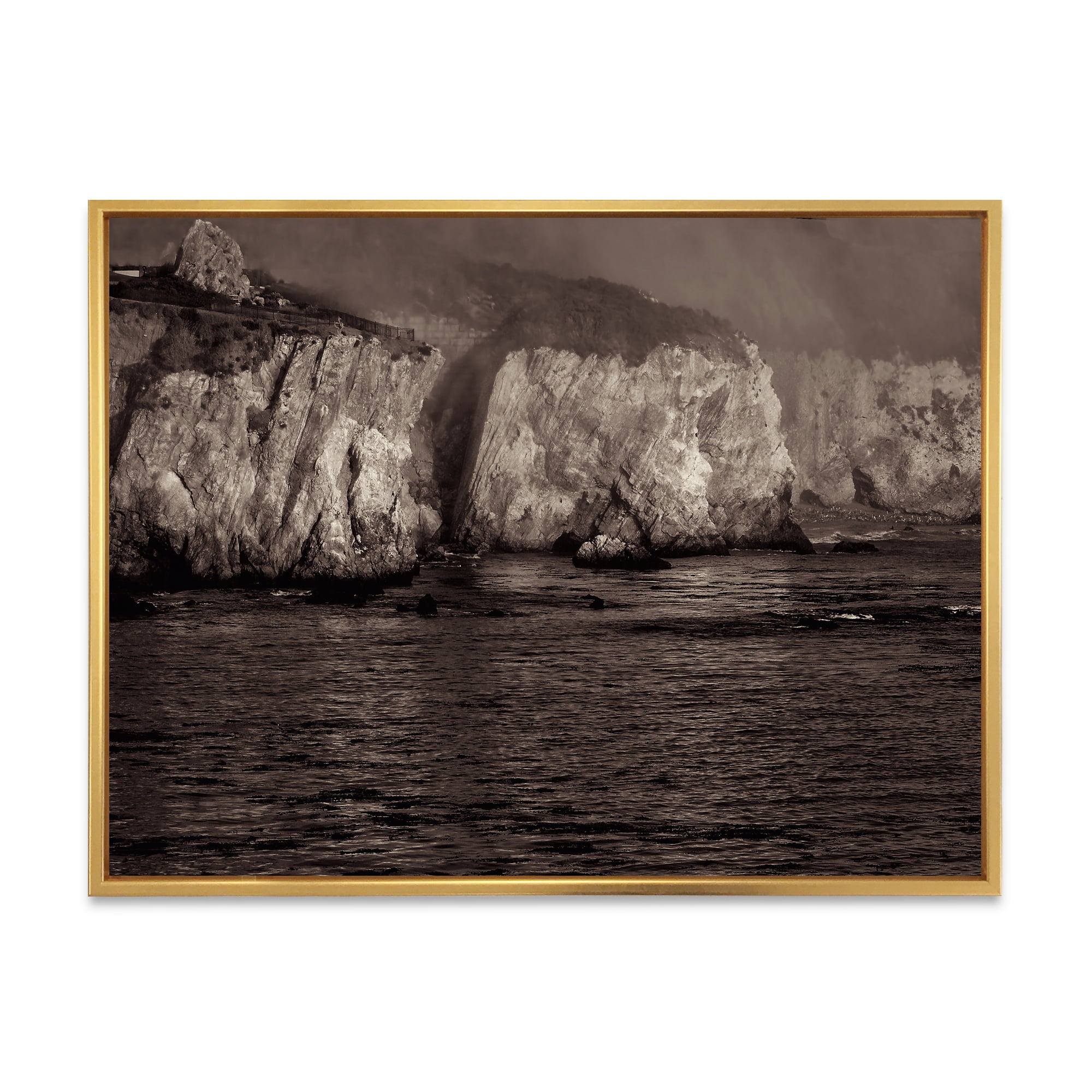 Designart 'Gold Cliffs Over Sea In The Fog' Modern Framed Canvas Wall Art Print