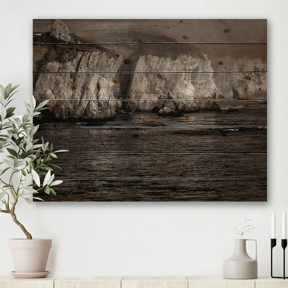 Designart 'Gold Cliffs Over Sea In The Fog' Modern Print on Natural Pine Wood