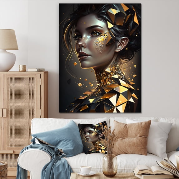 Designart "Gold Crystal Female Portrait III" Modern Woman Wall Art For Bathroom
