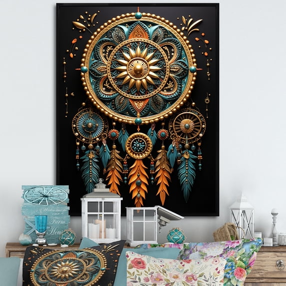 Designart "Gold Dream Catcher Folklore II" Dream Catcher Floater Framed Canvas Art Print