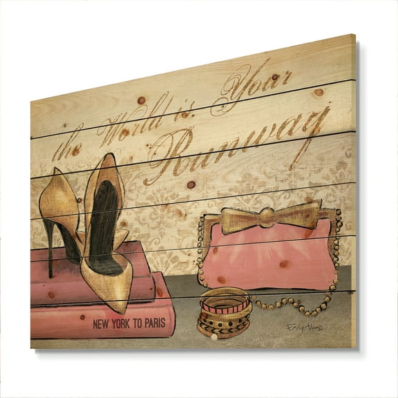 Designart 'Gold Fabulous Fashion Life Style I' Fashion Print on Natural Pine Wood