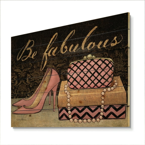 Designart 'Gold Fabulous Fashion Life Style III' Fashion Print on Natural Pine Wood