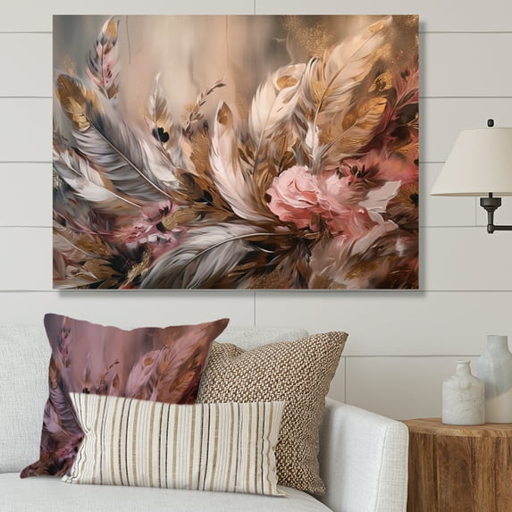 Designart "Gold Feather Wanderlust VI" Glam Feather Wall Art Living Room