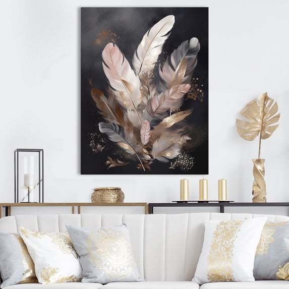 Designart "Gold Feather Wanderlust VII" Glam Feather Wall Art Print