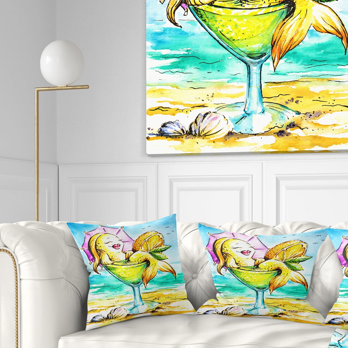 Designart Gold Fish Enjoying Holidays on Beach - Cartoon Animal Throw Pillow - 18x18