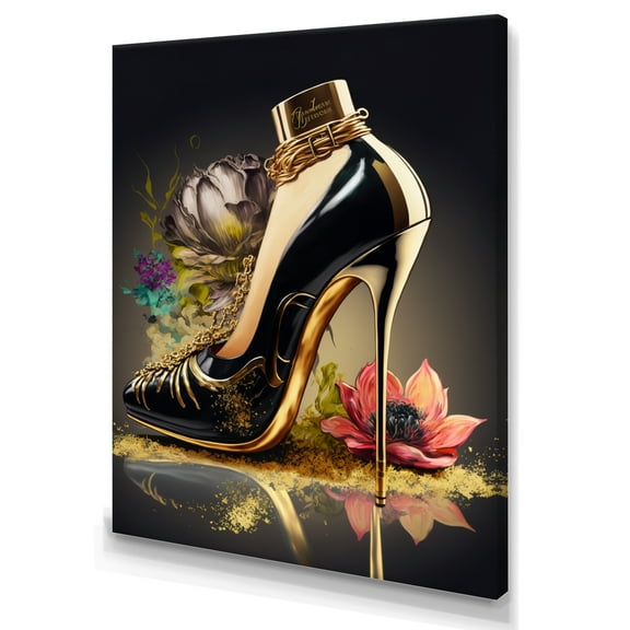 Designart Gold Floral High Heel Shoes I Canvas Wall Art