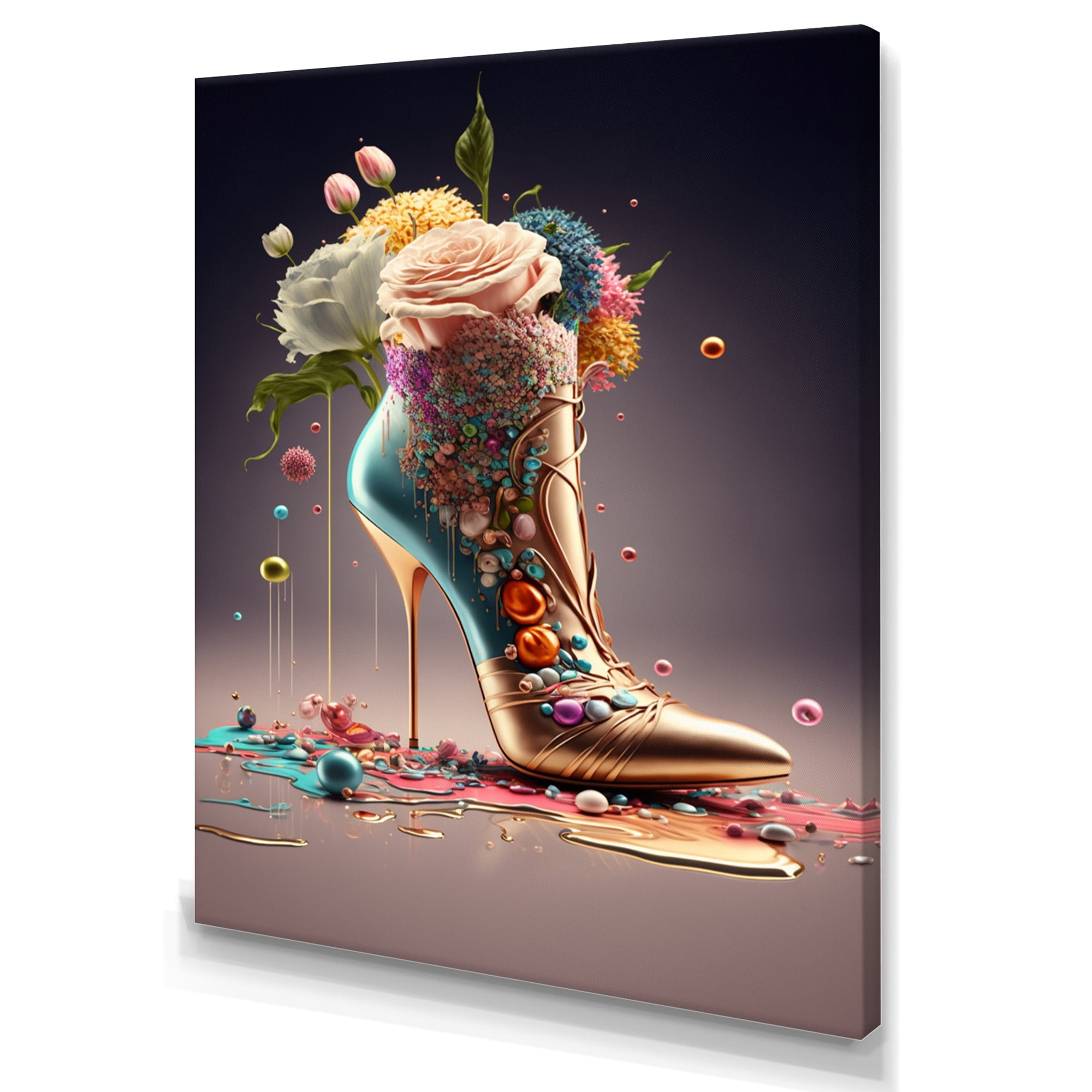 Designart Gold Floral High Heel Shoes II Canvas Wall Art