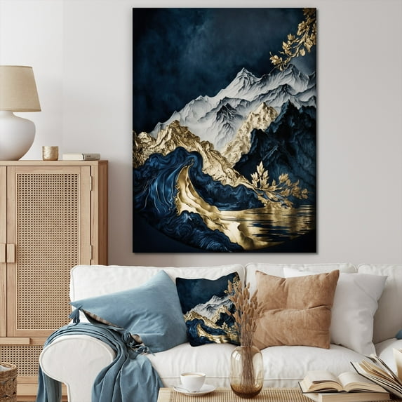 Designart "Gold Frosted River And Mountain I" Landscape Forest River Mountains Wall Art Print