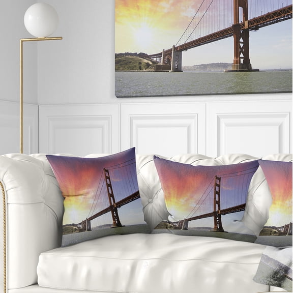 Designart Gold Gate Bridge and Sky - Landscape Photo Throw Pillow - 16x16
