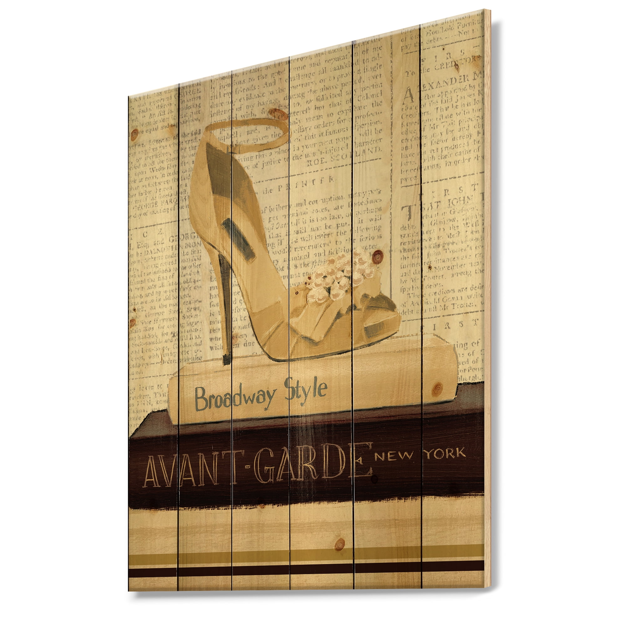 Designart 'Gold Glam and Fashion High Heels III' Posh & Luxe Print on Natural Pine Wood