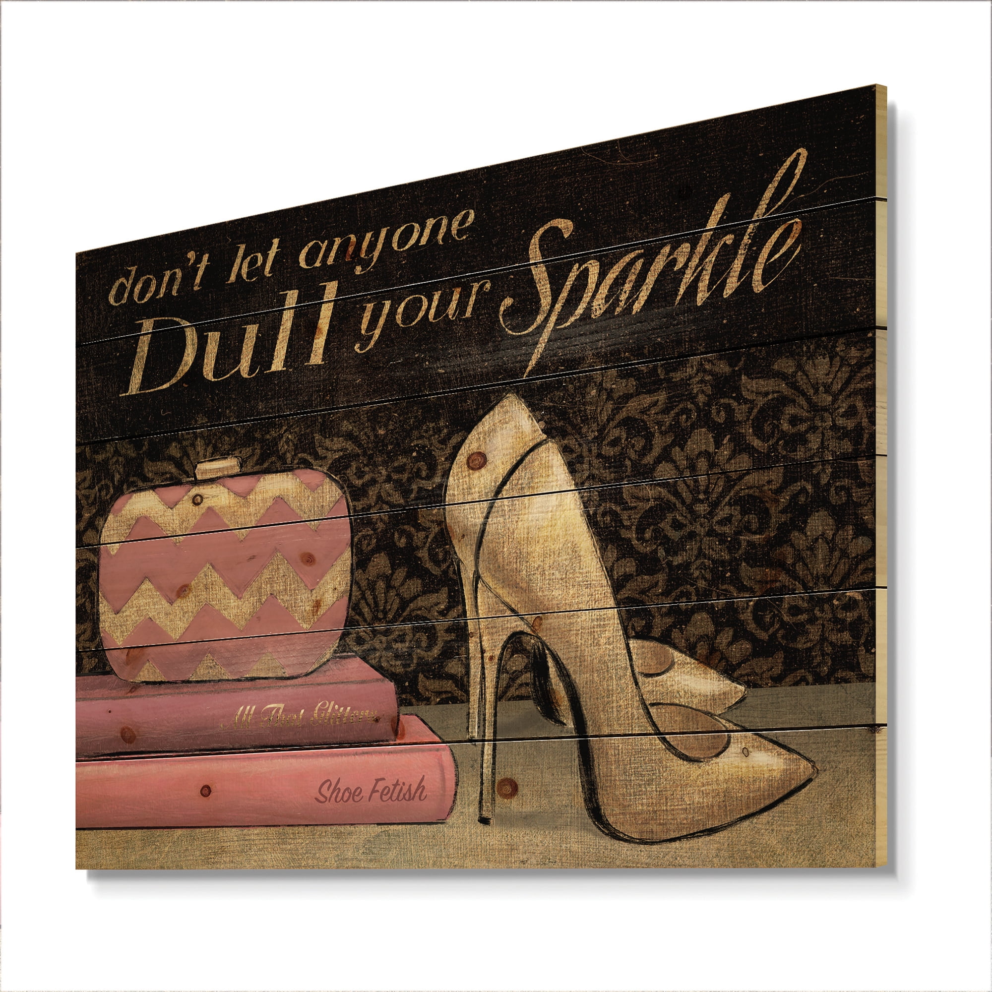 Designart 'Gold Glam and Fashion High Heels IV' Fashion Print on Natural Pine Wood