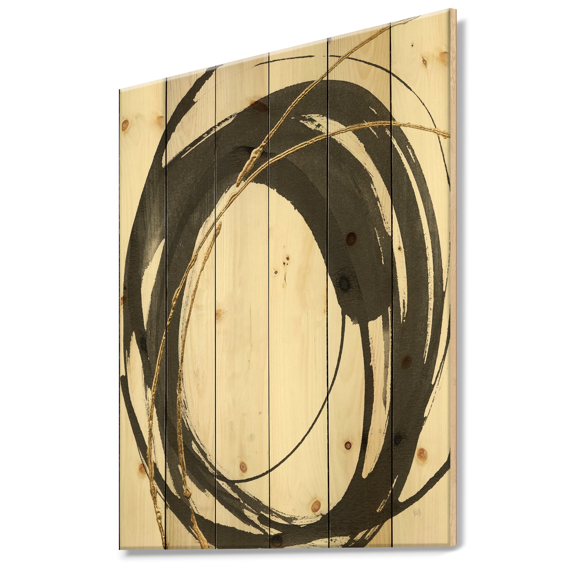 Designart 'Gold Glamour Circle I' Posh & Luxe Print on Natural Pine Wood