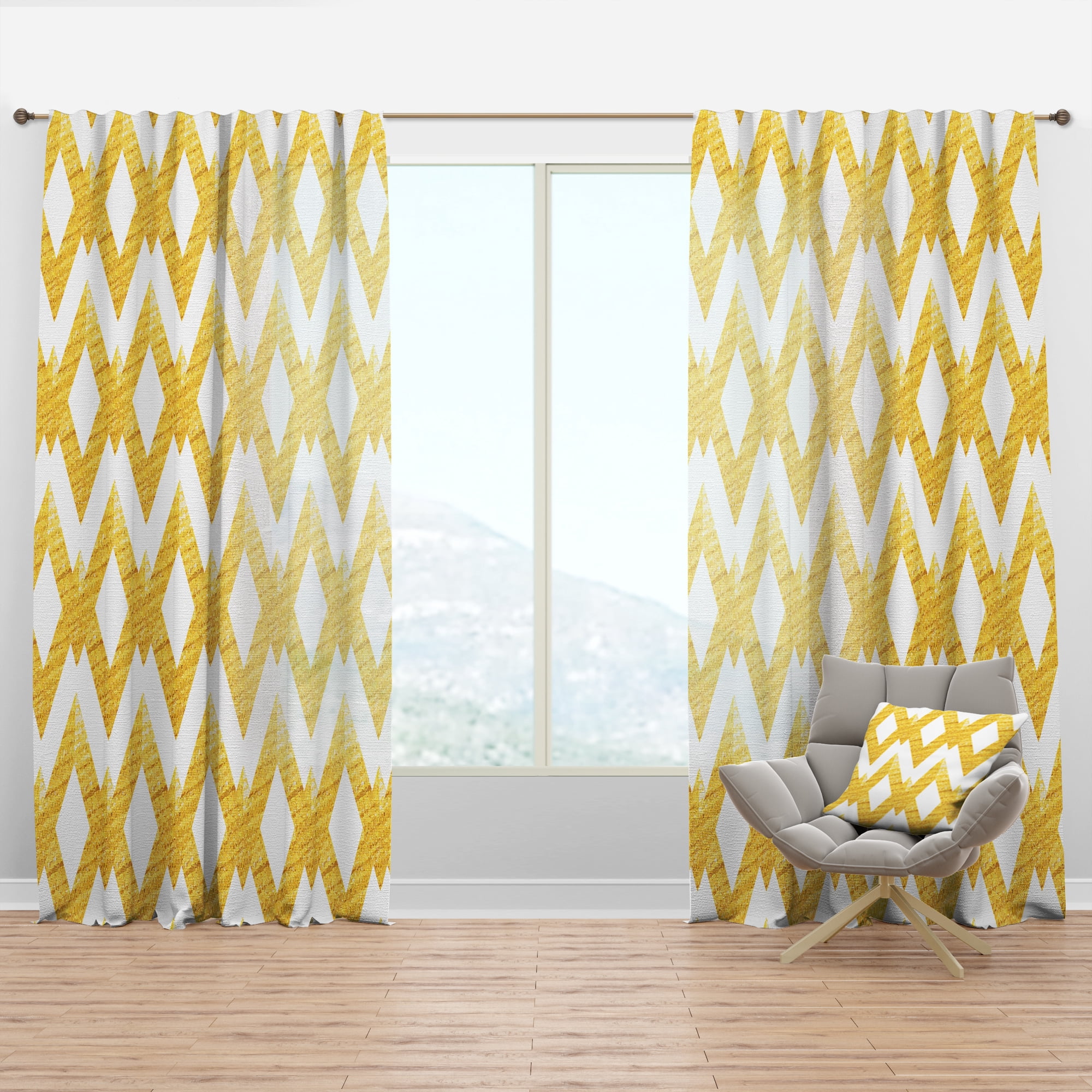 Designart 'Gold Glittering Lines Retro Pattern' Mid-Century Modern Curtain Panel
