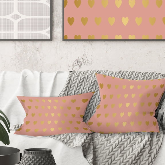Designart Gold Hearts On Pink' Mid-Century Modern Throw Pillow - 16x16