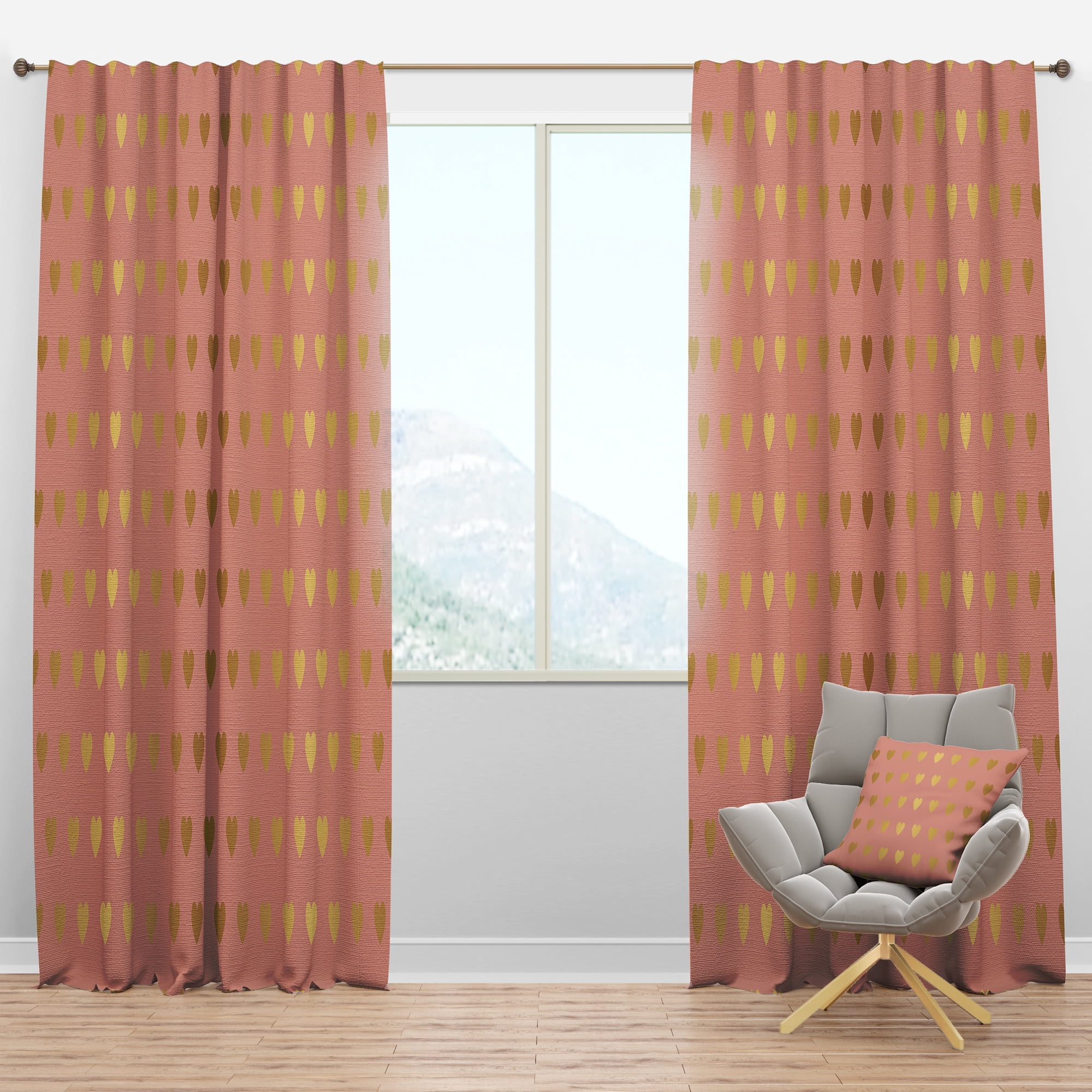 Designart 'Gold Hearts On Pink Retro Pattern' Mid-Century Modern Blackout Curtain Panel