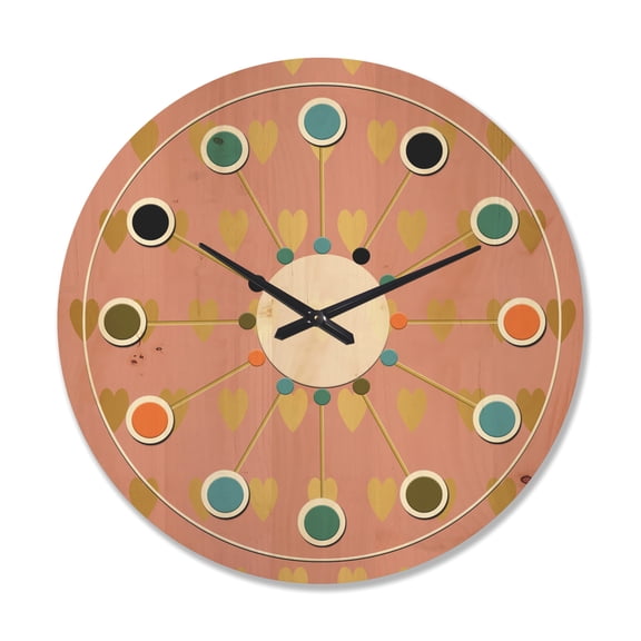 Designart 'Gold Hearts On Pink Retro Pattern' Mid-Century Modern Wood Wall Clock