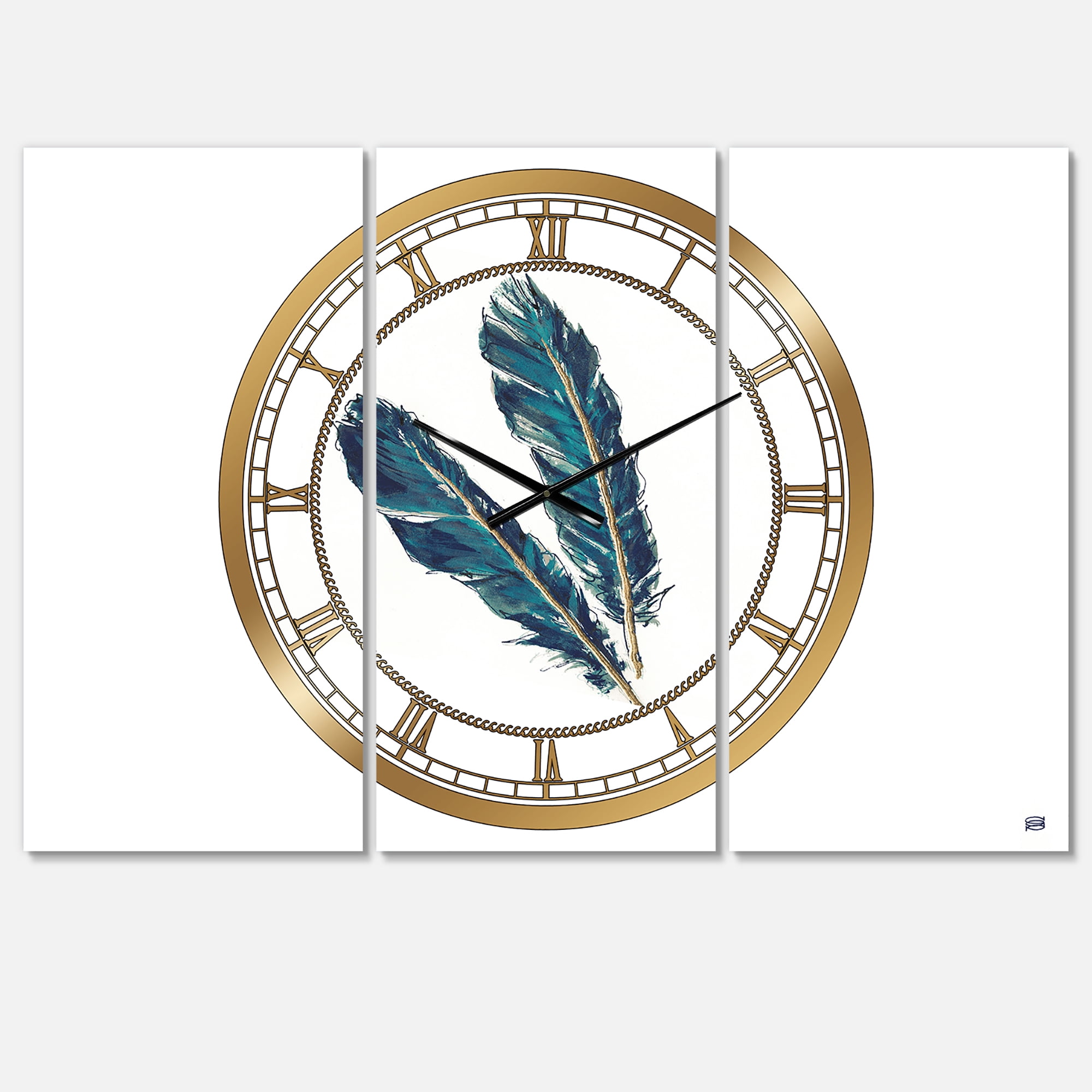 Designart 'Gold Indigo Feathers III' Bohemian Wall Clock