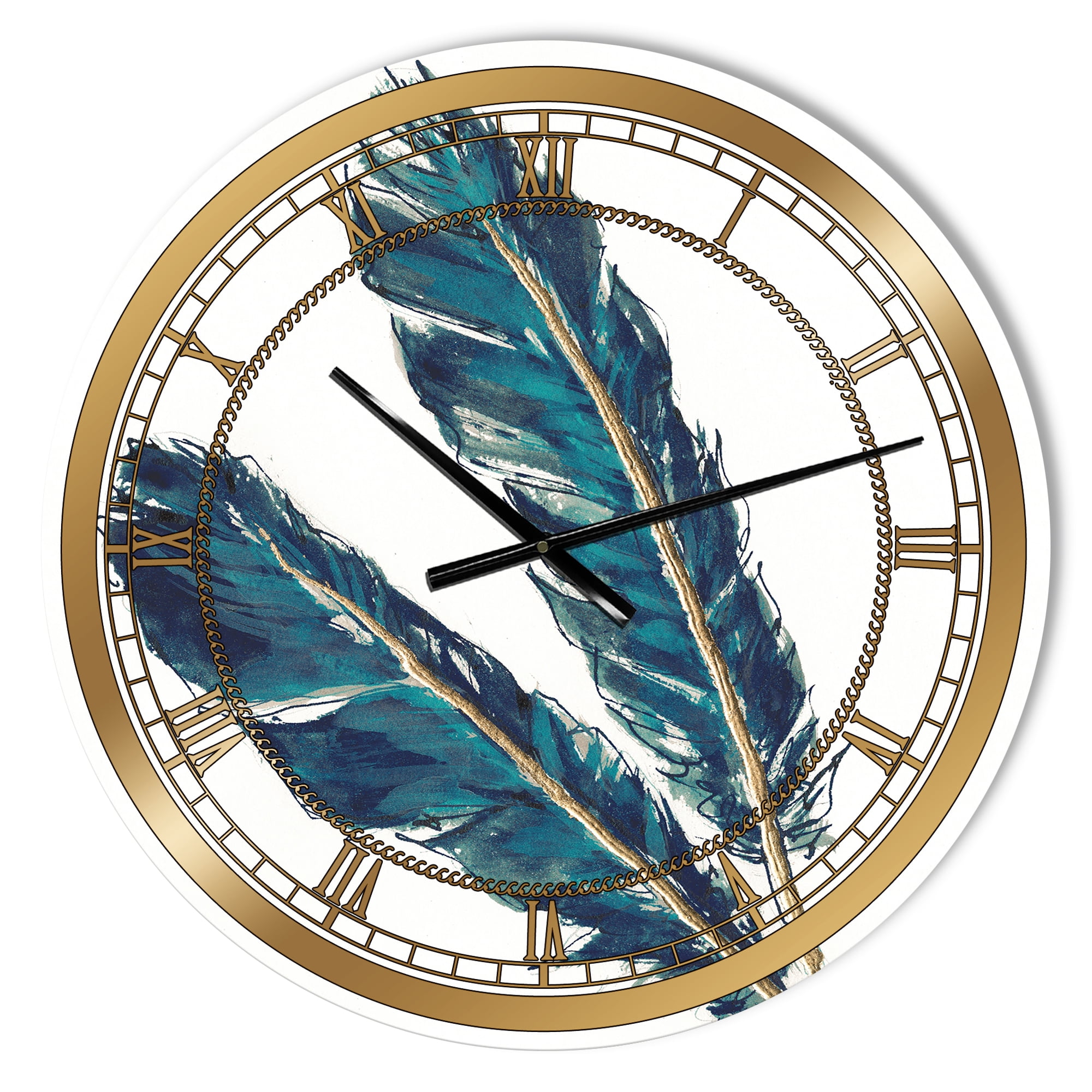 Designart 'Gold Indigo Feathers III' Glam wall clock