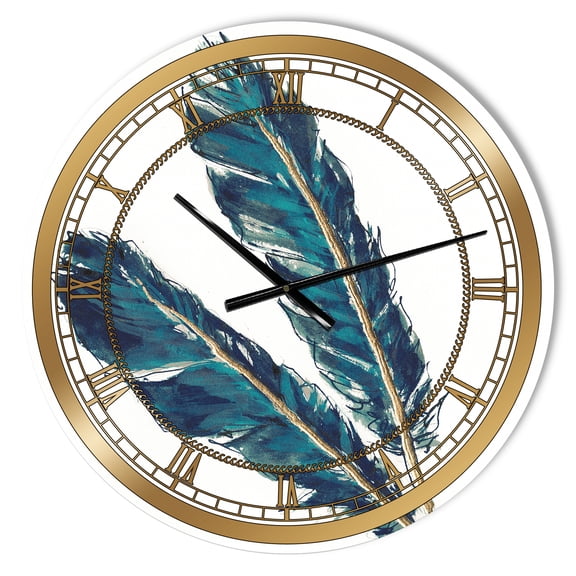 Designart 'Gold Indigo Feathers III' Glam wall clock