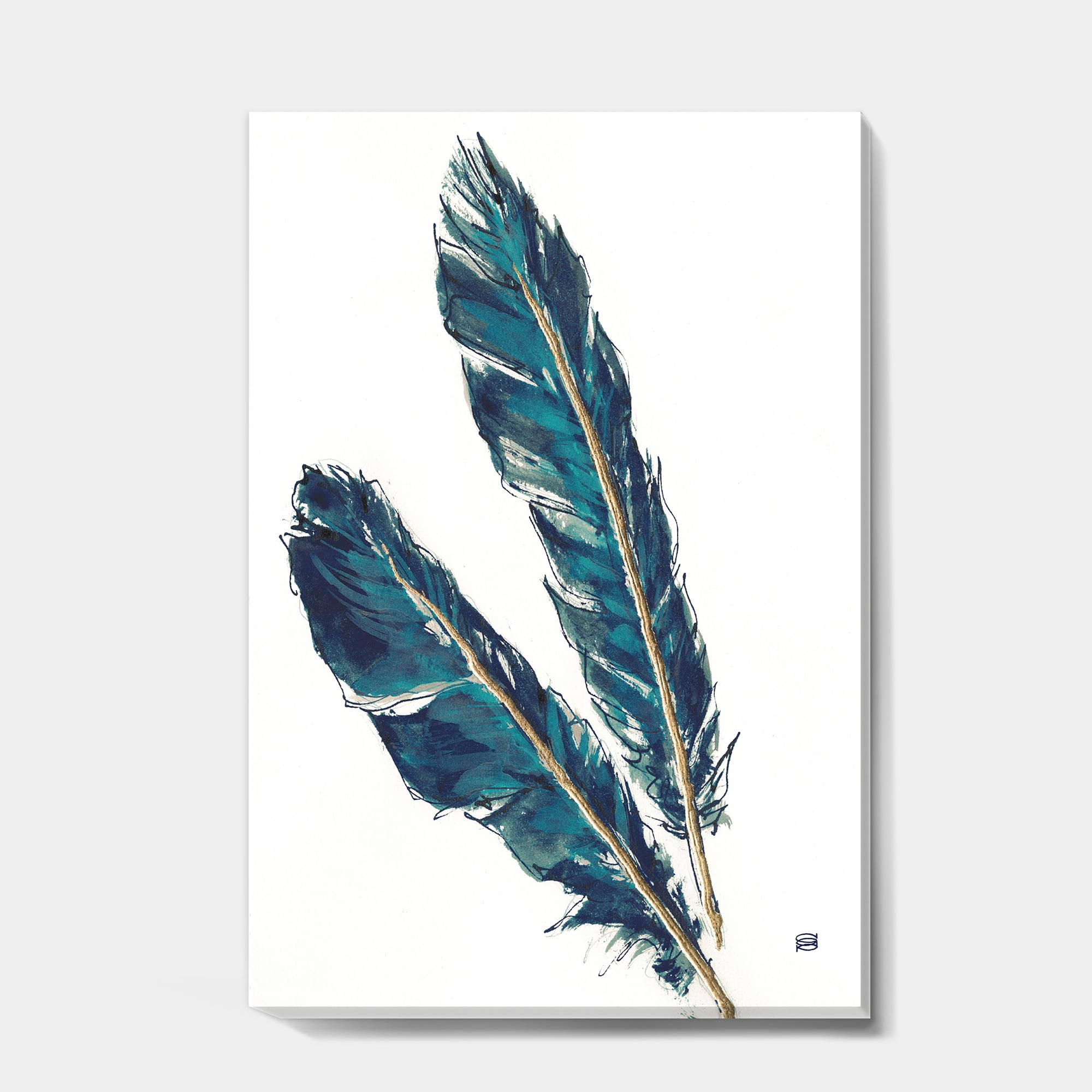 Designart 'Gold Indigo Feathers III' Modern Bohemian Canvas Art