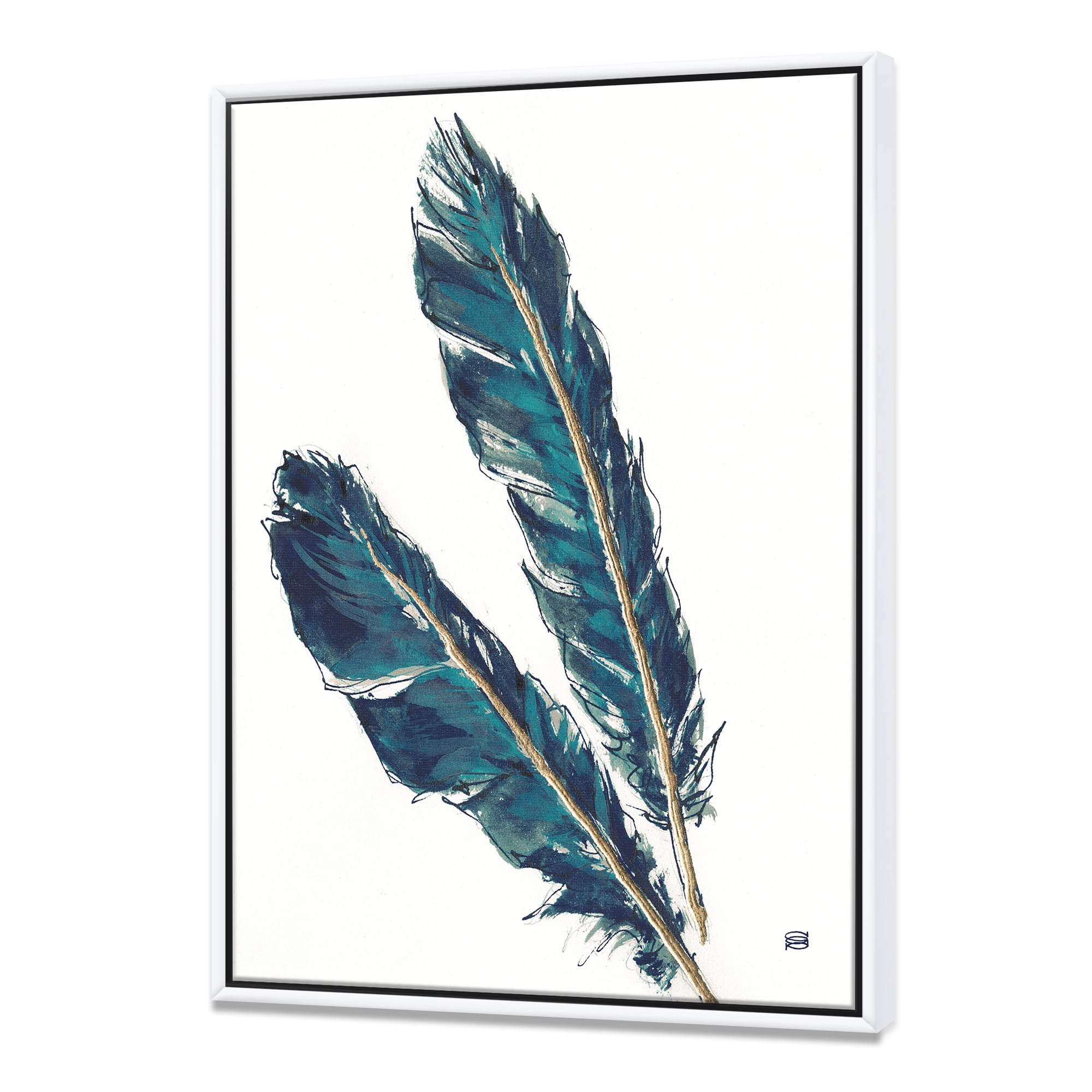Designart ' Gold Indigo Feathers III ' Modern Bohemian Framed Canvas