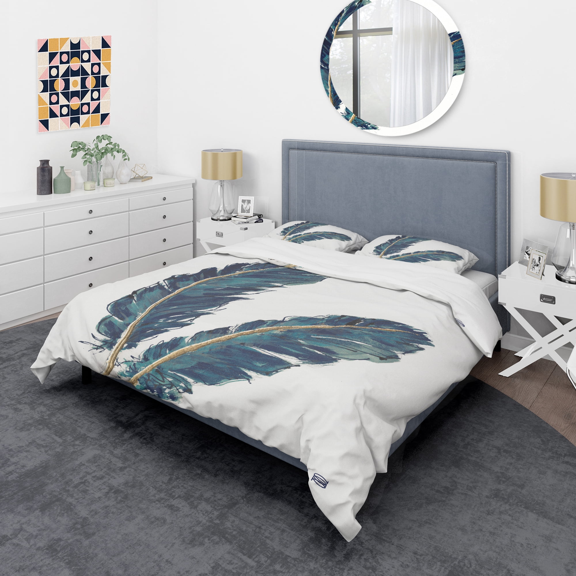 Designart 'Gold Indigo Feathers IV' Glam Duvet Cover Set