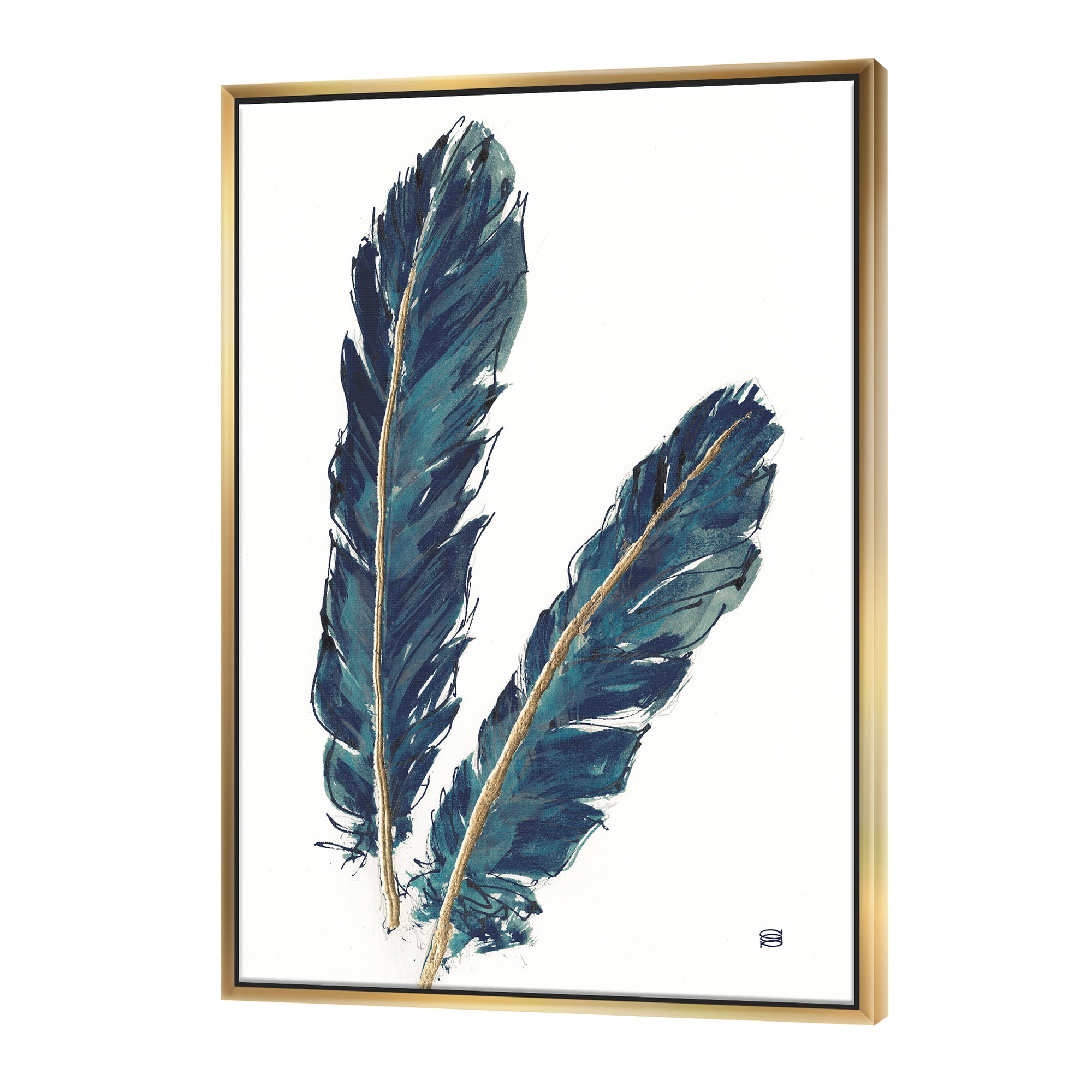 Gold Framed Canvas with Indigo Feather Print, 30" x 40"