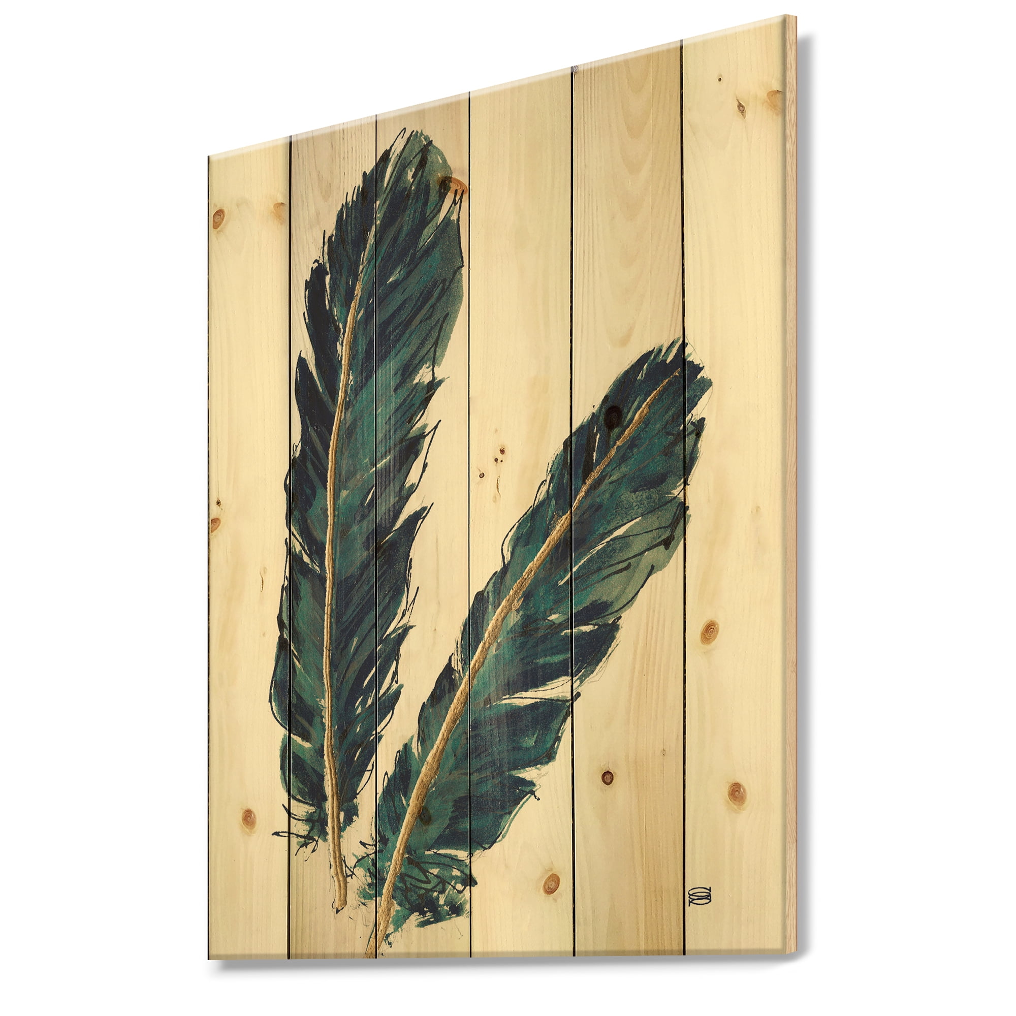 Designart 'Gold Indigo Feathers IV' Modern Bohemian Print on Natural Pine Wood