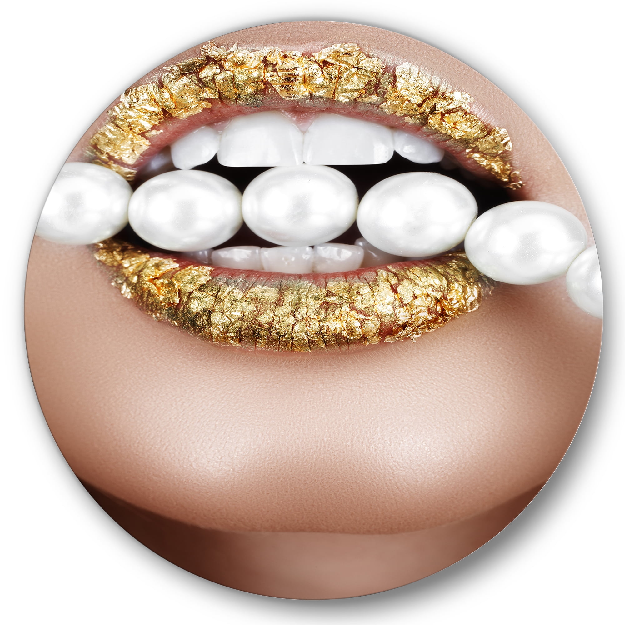 Designart 'Gold Leaf Lips Mouth With Pearls' Modern Circle Metal Wall Art 23x23 - Disc of 23