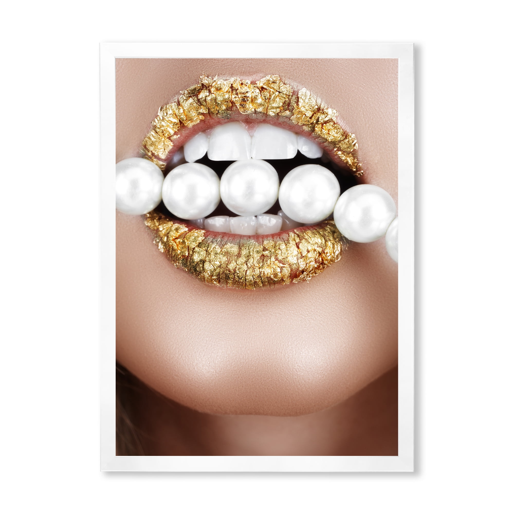 Designart 'Gold Leaf Lips Mouth With Pearls' Modern Framed Art Print