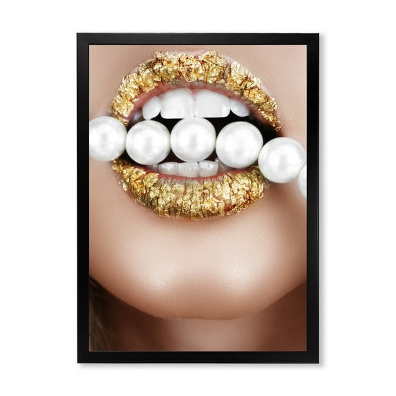 Designart 'Gold Leaf Lips Mouth With Pearls' Modern Framed Art Print