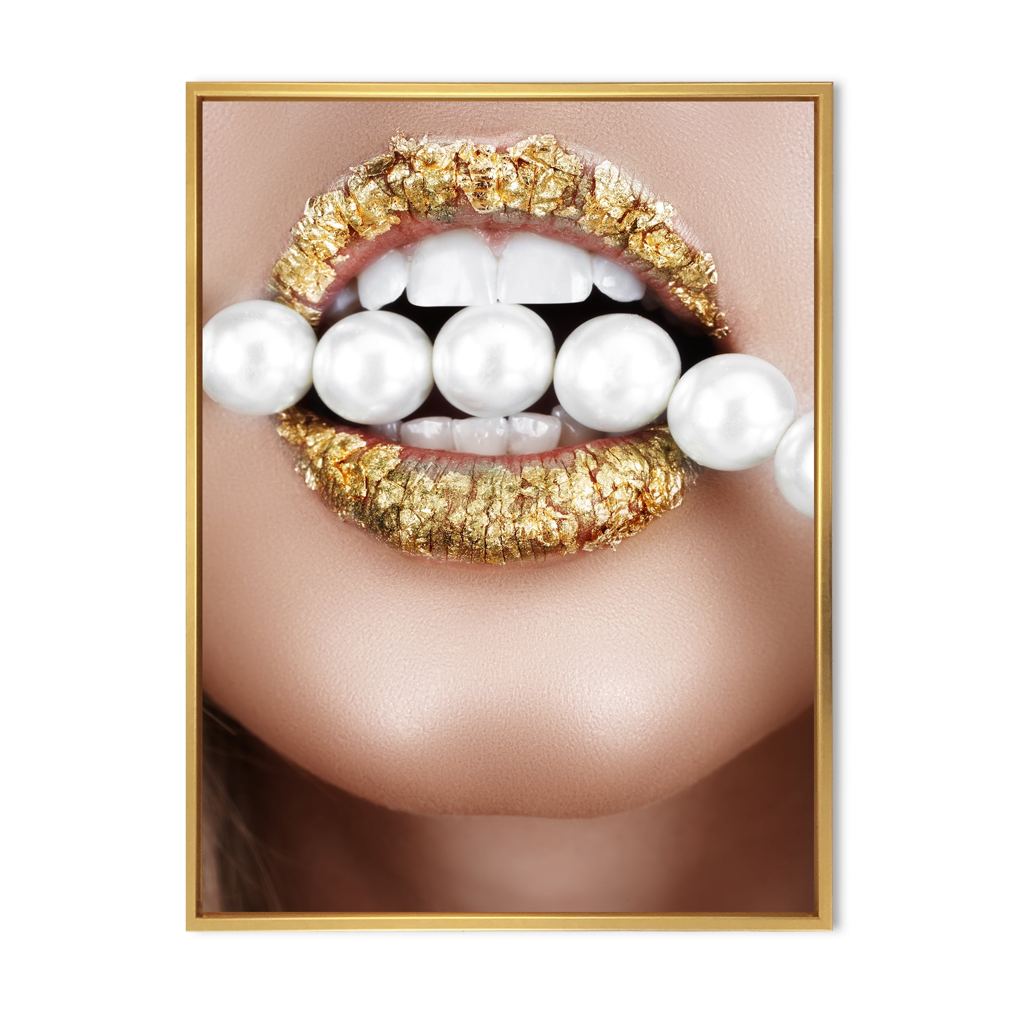 Designart 'Gold Leaf Lips Mouth With Pearls' Modern Framed Canvas Wall Art Print