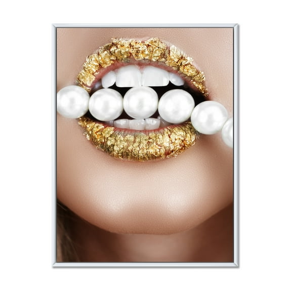 Designart 'Gold Leaf Lips Mouth With Pearls' Modern Framed Canvas Wall Art Print