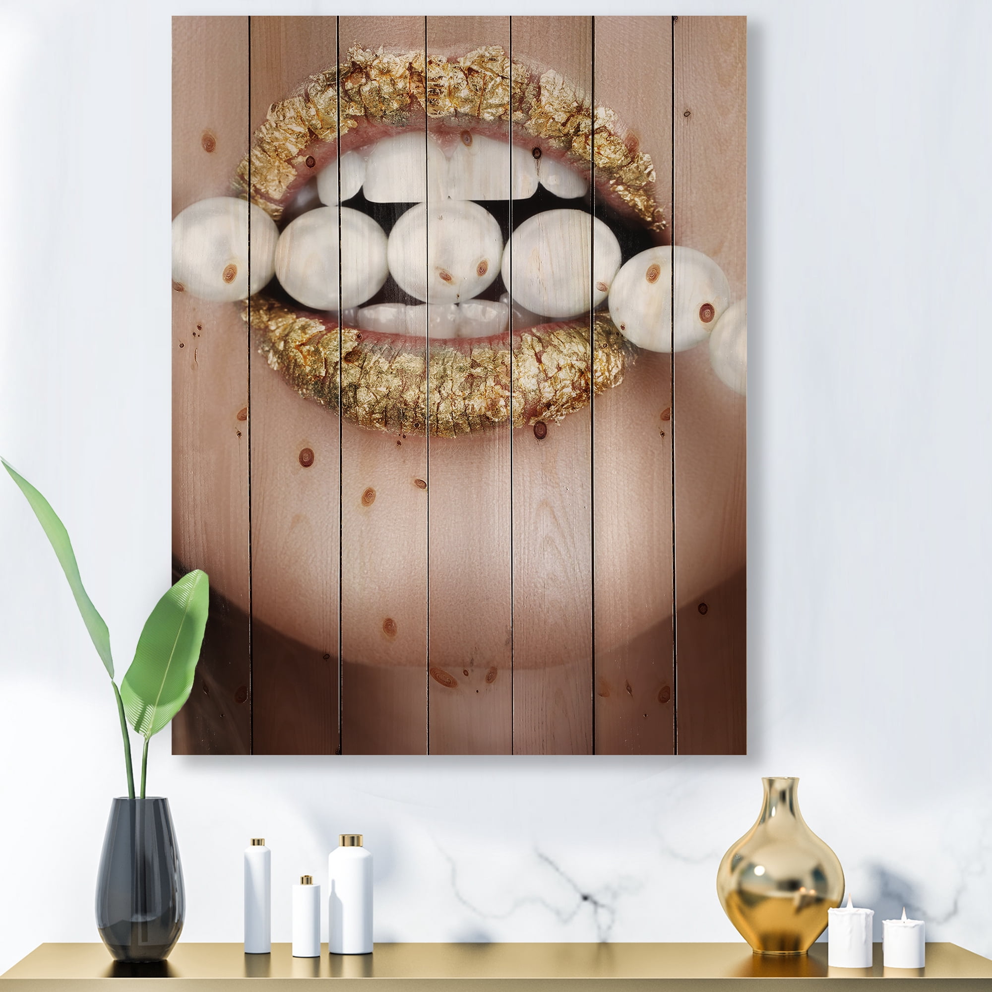 Designart 'Gold Leaf Lips Mouth With Pearls' Modern Print on Natural Pine Wood