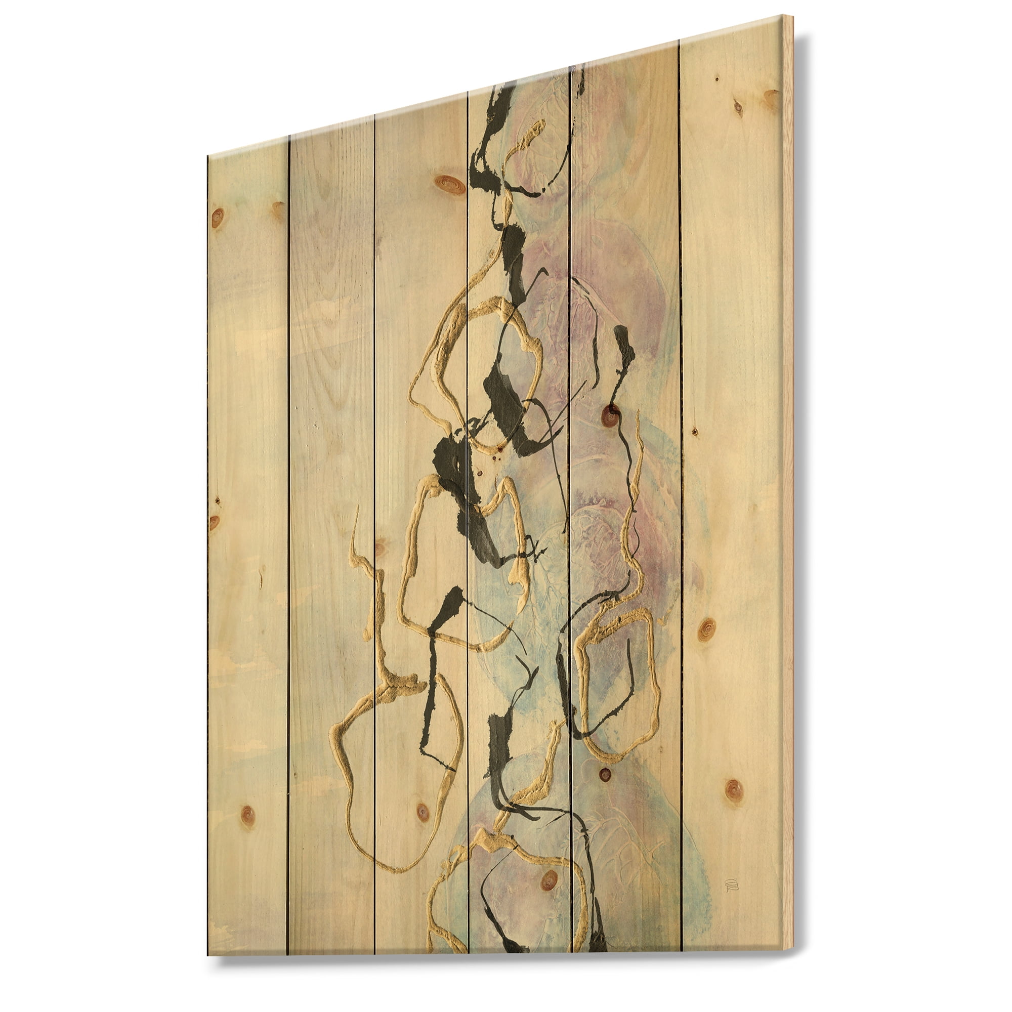 Designart 'Gold Lines on Pastel I' Modern Glam Print on Natural Pine Wood