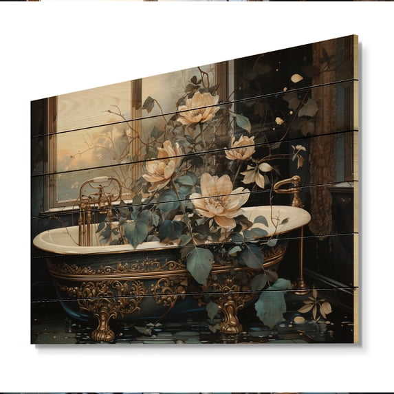 Designart "Gold Made Bathtub II" Bath & Laundry Print on Natural Pine Wood