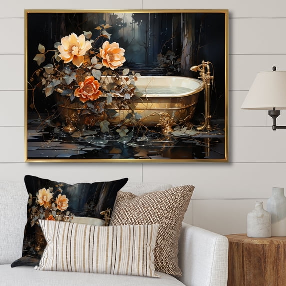 Designart "Gold Made Bathtub V" Bath & Laundry Floater Framed Canvas Print