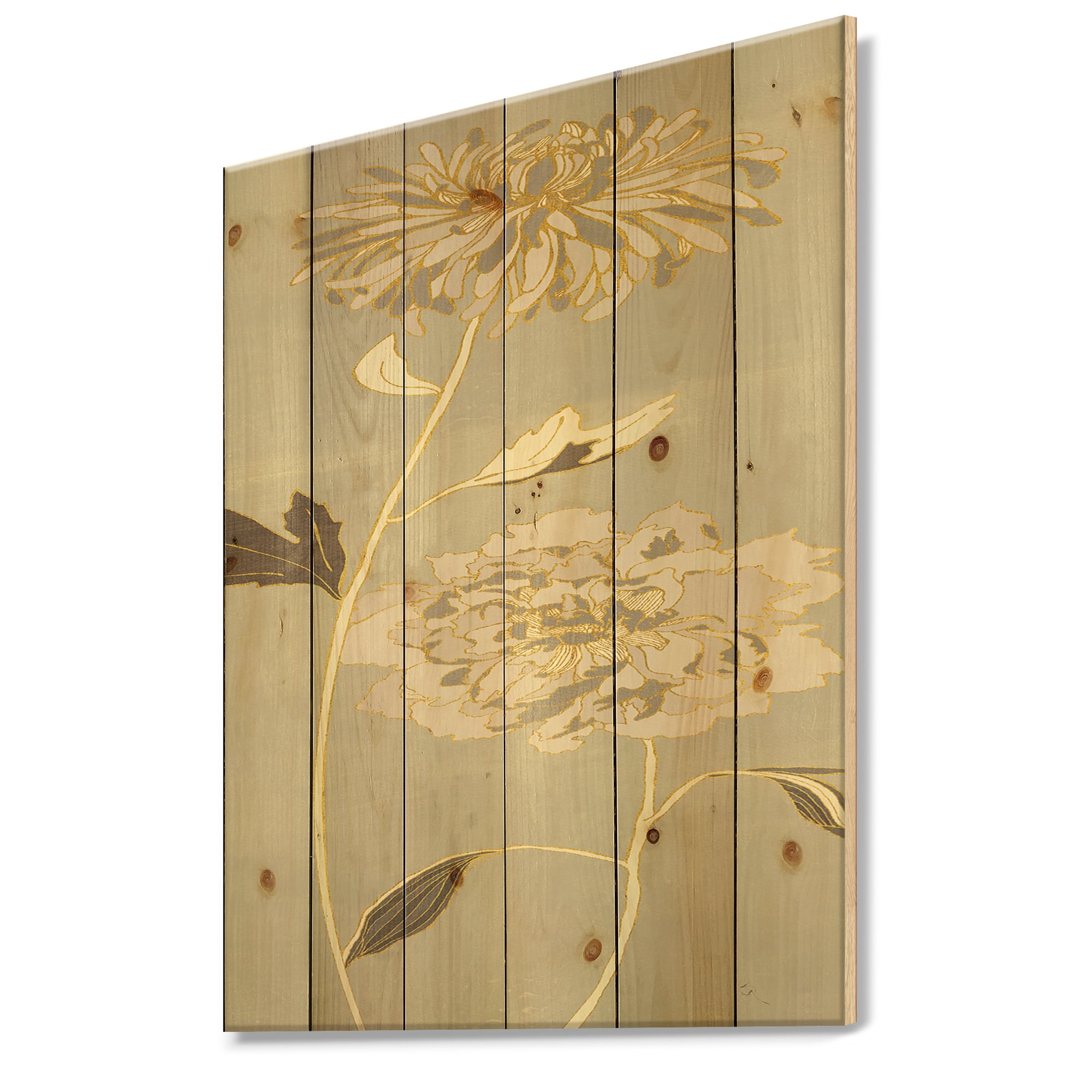 Designart 'Gold Metallic Floral Garden II' Modern Glam Print on Natural Pine Wood