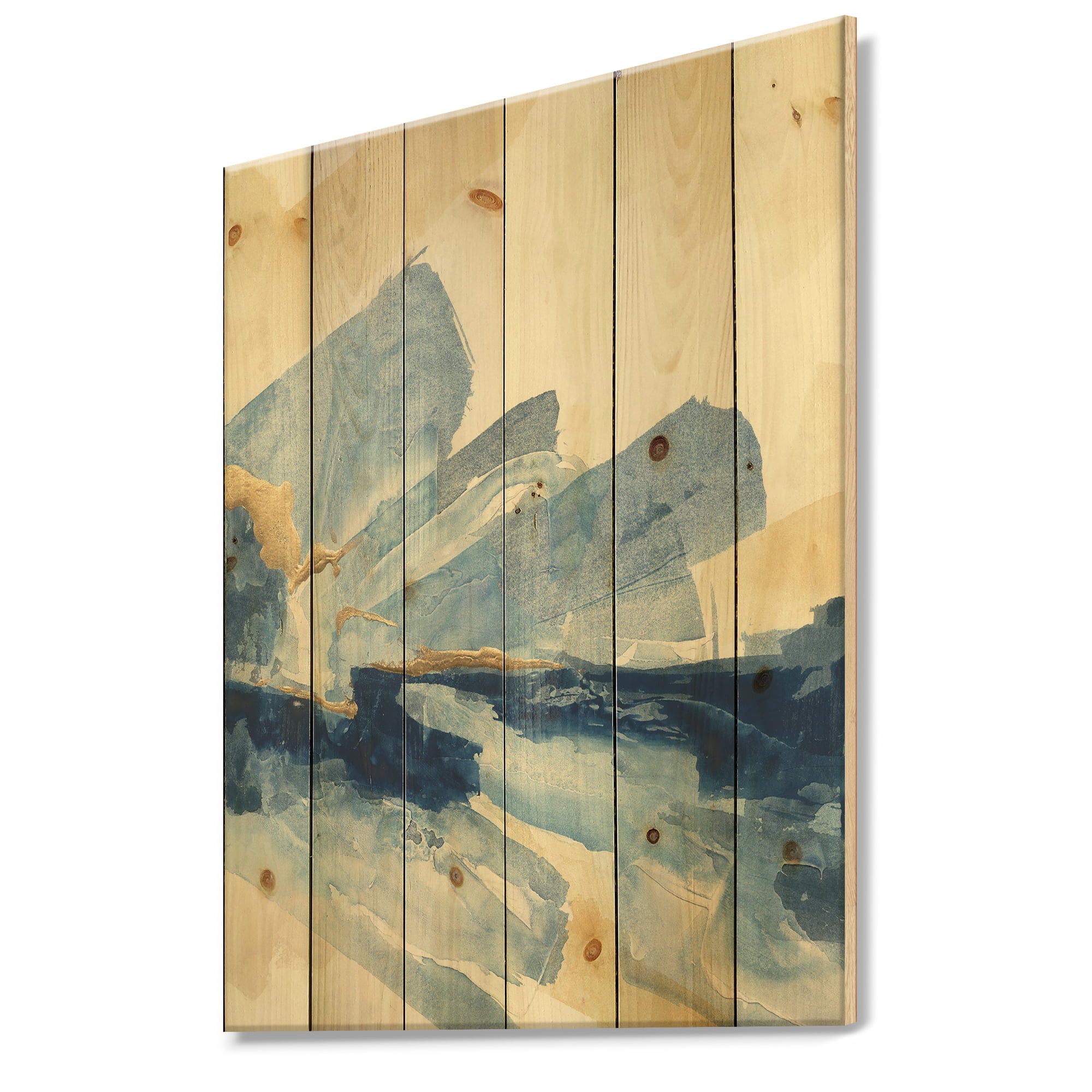 Designart 'Gold Metallic Indigo I' Modern Glam Print on Natural Pine Wood