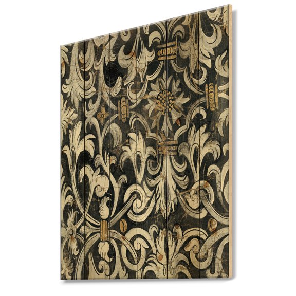Designart 'Gold Mettalic Floral Strapwork ' Ornate Glam Print on Natural Pine Wood