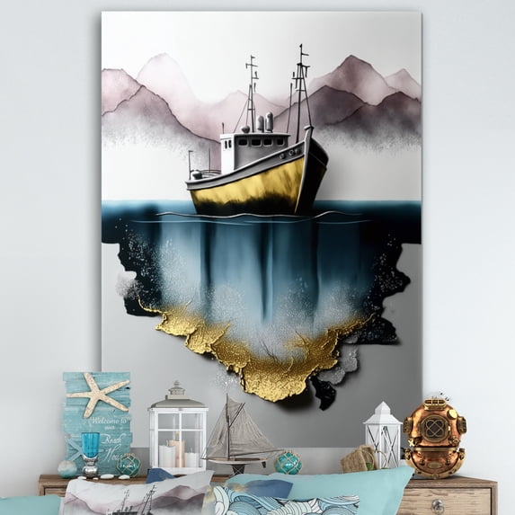 Designart "Gold Modern Fishing Boat I" Coastal Boat Canvas Wall Art