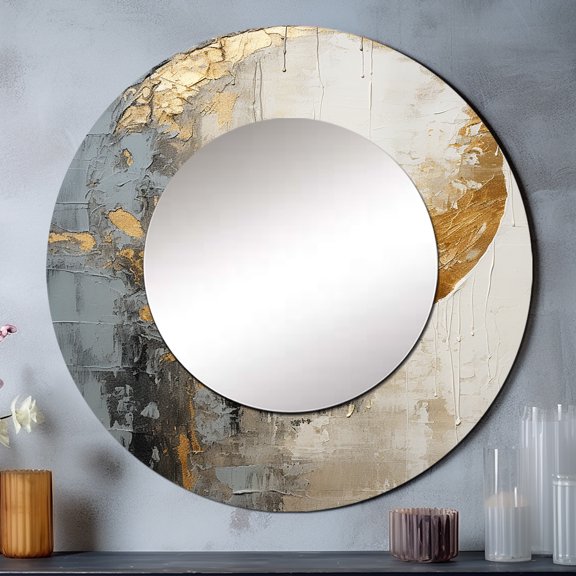 Designart "Gold Moon Pottery In Minimalist Grey" Abstract Spirals Round Mirror Wall Decor Modern - Large Grey Round Office Mirror - Round Mirror - 36" x 36"