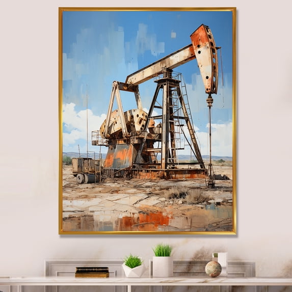 Designart "Gold Oil Rigs landscapes In Texas I" Cityscapes Floater Framed Canvas Wall Art