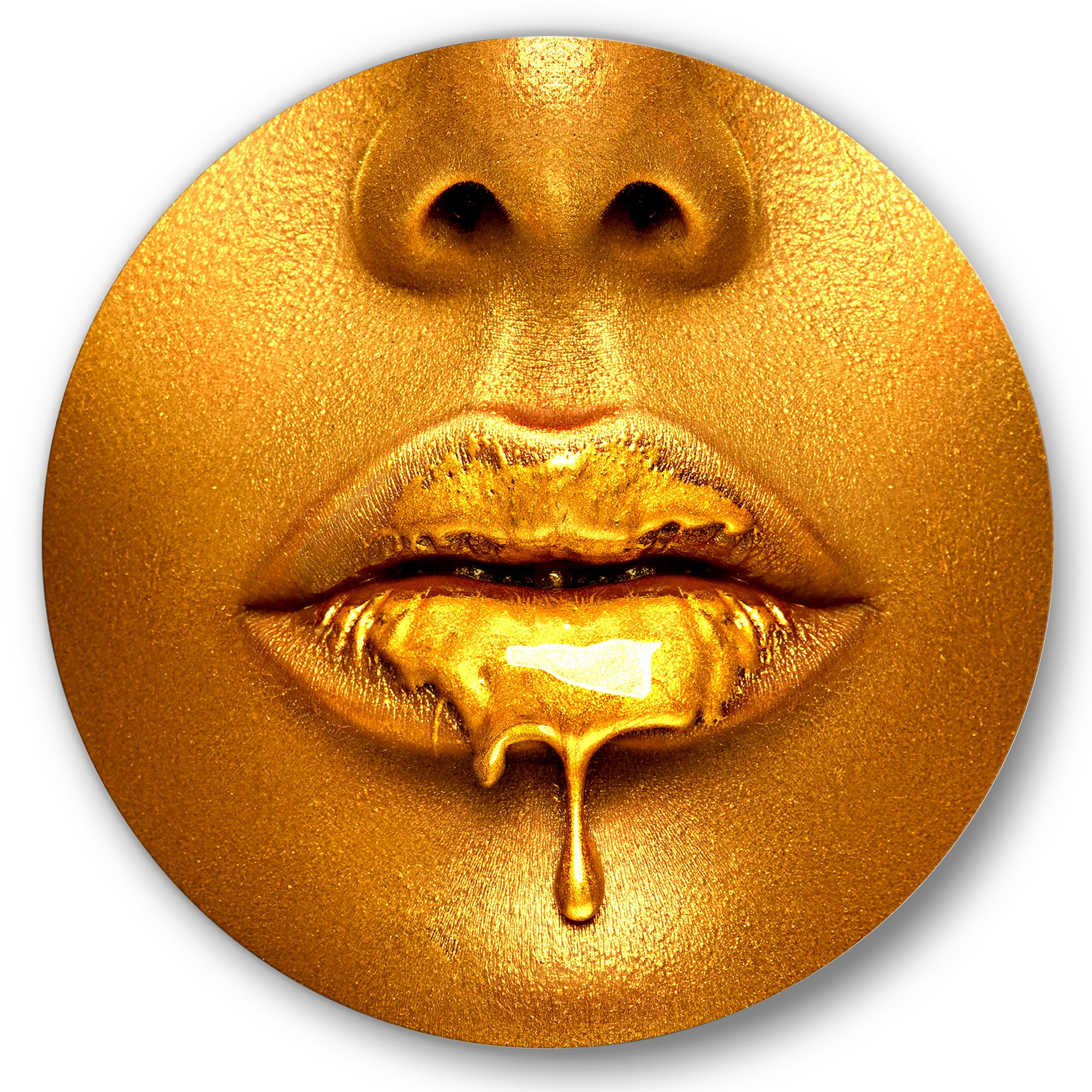 Designart 'Gold Paint Drips From Sexy Girl Lips' Modern Circle Metal Wall Art 23x23 - Disc of 23