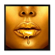 Designart Gold Paint Drips From Sexy Girl Lips Modern Framed Art Print