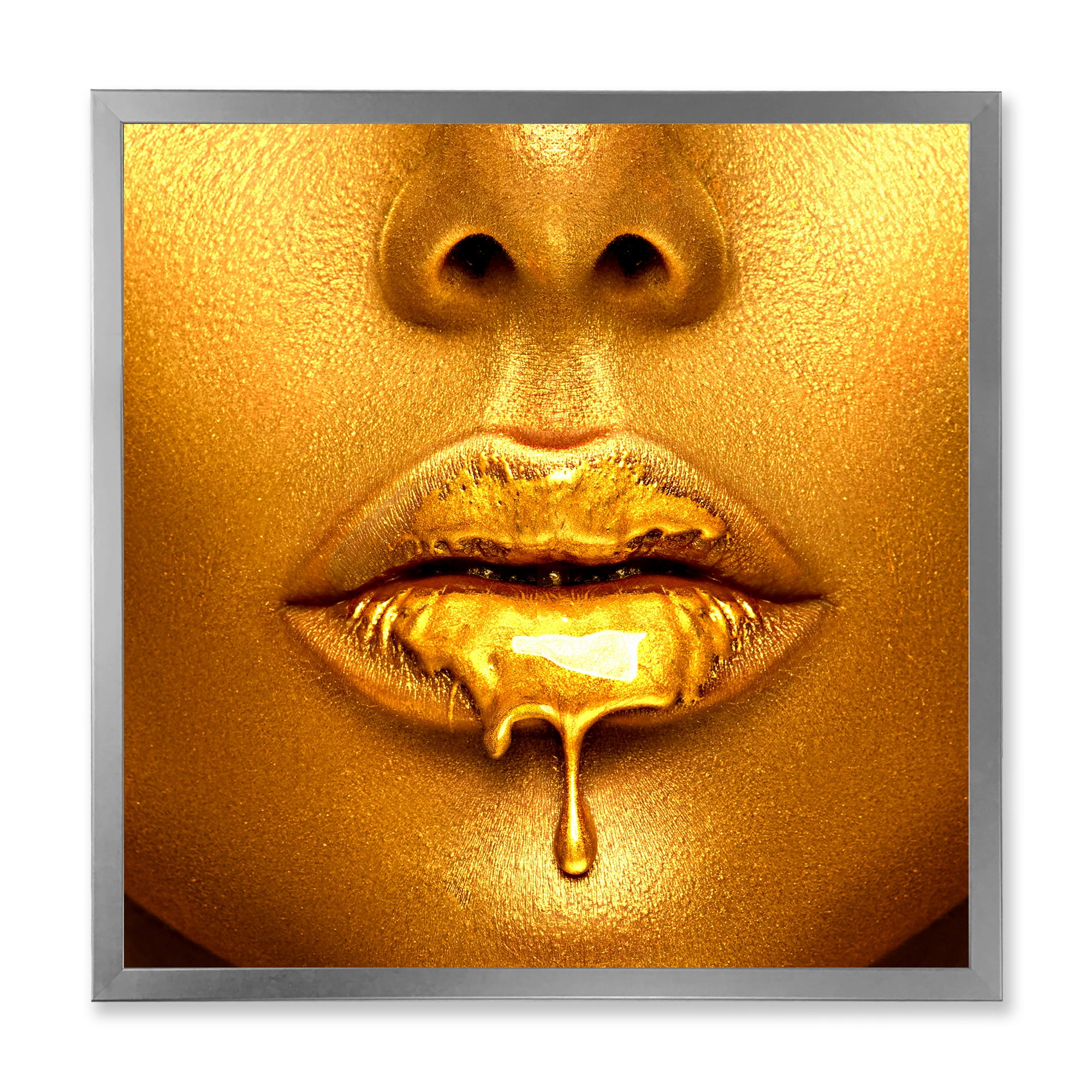Designart 'Gold Paint Drips From Sexy Girl Lips' Modern Framed Art Print