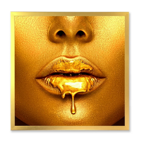 Designart 'Gold Paint Drips From Sexy Girl Lips' Modern Framed Art Print