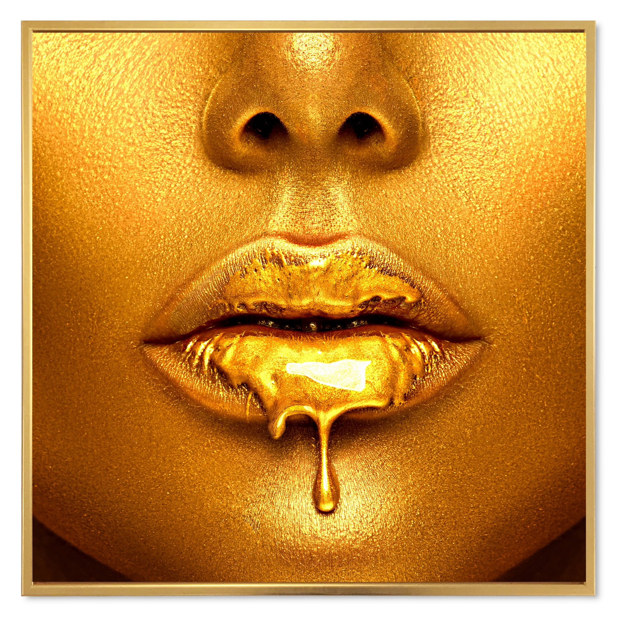 Designart 'Gold Paint Drips From Sexy Girl Lips' Modern Framed Canvas Wall Art Print